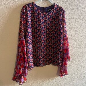 Anna Sui Mixed Print Silk Bell Sleeve Tunic Blouse
